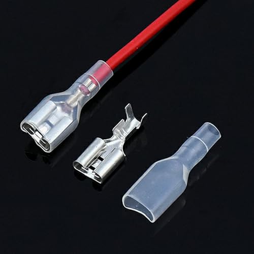 6.3mm Quick Female Spade Wire 18 Awg Splice Connectors Speaker Single Head Crimp Terminal Insulation Sleeve with Red and Black Wires Assortment Kit(25 Each Red and Black)