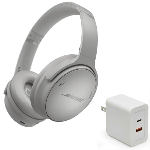 Bose QuietComfort Headphones Bundle with Fast Charger - Wireless Bluetooth Over-Ear Noise Cancelling Headphones with Mic, USB-C Charging, Deep Bass, Up to 24 Hours Playtime (Moonlight Grey) - color: Moonlight Grey