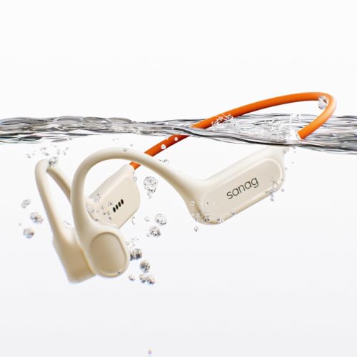 Sanag Swimming Bone Conduction Headphones Earbuds IPX8 Waterproof Underwater 8H Playtime Wireless Bluetooth Earphones with 32GB MP3 for Running Cycling Sport, Beige - color: Beige