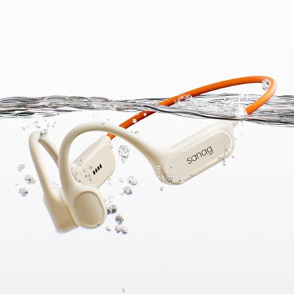 Sanag Swimming Bone Conduction Headphones Earbuds IPX8 Waterproof Underwater 8H Playtime Wireless Bluetooth Earphones with 32GB MP3 for Running Cycling Sport, Beige - color: Beige