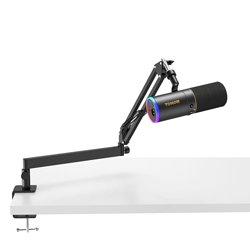 TONOR Dynamic Podcast Microphone, XLR/USB Mic for Recording, Streaming, XLR Cardioid Studio Mic with Quick Mute, Volume Control, 200 cm/78inch Cable, with RGB and Low Profile Boom Arm, Black, TD520S+