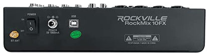 Rockville ROCKMIX 10FX USB Mixer/Interface with Mics and Headphones | USB Interface, 4 RCM PRO Condenser Mics, 4 PRO-M50 Headphones, 4 RDTS Stands, RHPA4 Headphone Amp, 6' TRS Cable, 15-items