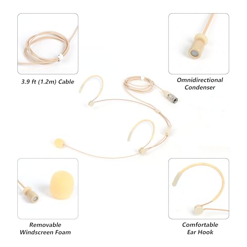 Headworn/Headset Microphone Wired, Dual Over-Ear Headset Mic, Condenser Headset Mic Compatible with Audio Technica Microphone Wireless Systems, Ideal for Lectures, Actors, Theater - Beige - size: Hirose 4 Pin Plug