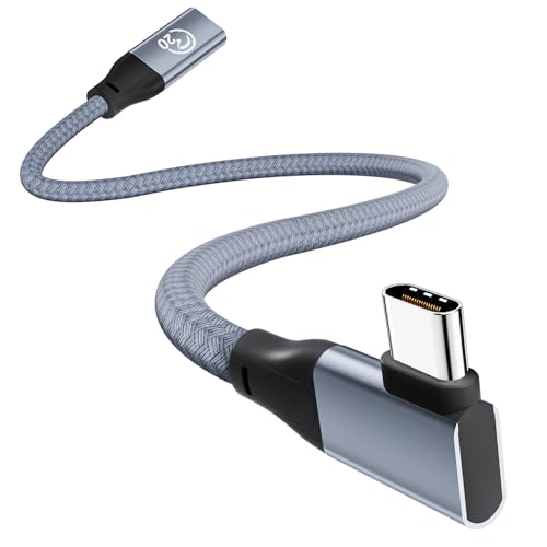 USB C Extension Cable Right Angle 1FT/0.3M, USB-C 3.2 Female to Male Cable | 20Gbps Data Transfer, 4K@60Hz Video Output, 90 Degree Type C Extender for iPhone 17 16, MacBook Pro Air, Magsafe Charger - color: Grey, size: 1ft
