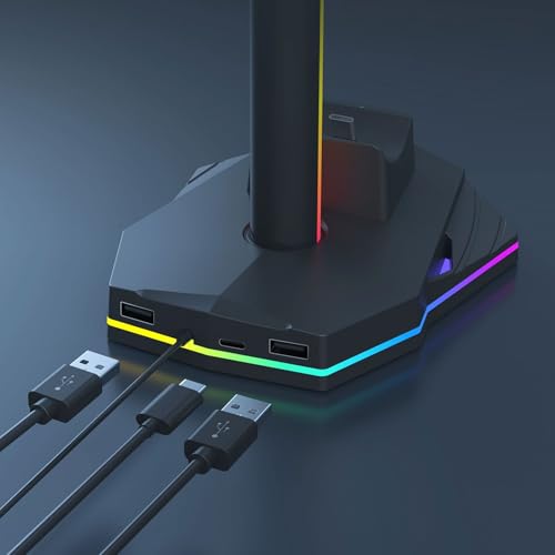 3 in 1 Controller Stand, RGB Headset and 2 Pro Controller Holder with 2 USB .0 Ports and 1 USB C Port, for Gaming Accessories Organization and Charging