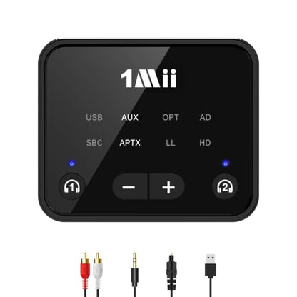 1Mii NightPair Bluetooth 5.3 Transmitter for TV to 2 Headphones/Speakers | aptX Adaptive & HD, Optical/AUX/RCA Audio Inputs, 100FT Long Range Bluetooth Adapter for Television with Volume Control