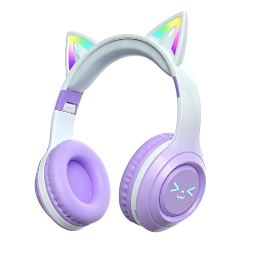 Cat-Ear Wireless Headphones Bluetooth 5.3 Over the Ear Headphones with RGB Light Built-in Mic Foldable Fashionable Stereo Headset Support TF Card for Gaming Travel PC Phone iPad（Dreamy Purple） - color: Dreamy Purple