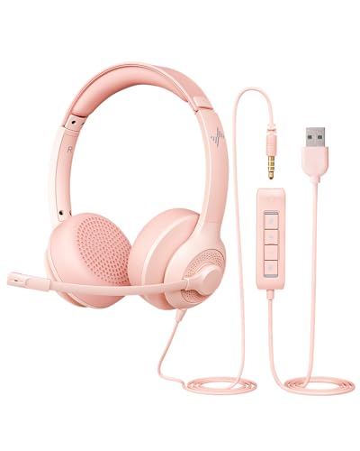 JIAMQISHI USB Headset with Microphone for PC, On-Ear Computer Laptop Headphones with Noise Cancelling Mic in-line Control for Home Office Online Class Zoom (USB+3.5mm, Pink) - color: Pink, style: USB+3.5mm