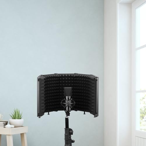 Cabilock Portable Folding Microphone Isolation Shield with Three Panels Combination and Adjustable Angle, Black Mic Windproof Sound Absorber Panel for Studio and Personal Recording