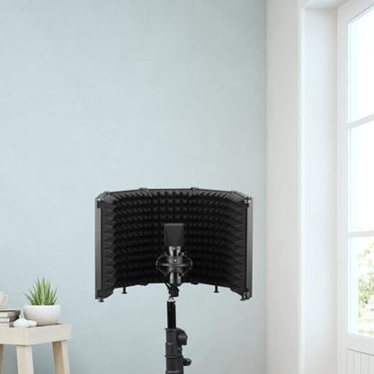 Cabilock Portable Folding Microphone Isolation Shield with Three Panels Combination and Adjustable Angle, Black Mic Windproof Sound Absorber Panel for Studio and Personal Recording