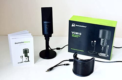 VCM10 Studio Quality USB Microphone for Video Calls, Podcasting, Live Streaming, Gaming & Recording, Headphone Output and Volume Control, Mute Button, Windscreen, Black
