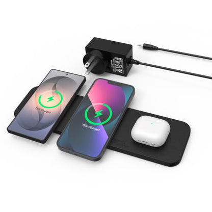 ZealSound Wireless Charging Pad, 3-in-1 Fast Wireless Charger with 36W Adapter for iPhone 17/16/15, Samsung Galaxy, AirPods & Galaxy Buds, Ultra-Slim PU Leather Charging Station for Home Office Travel