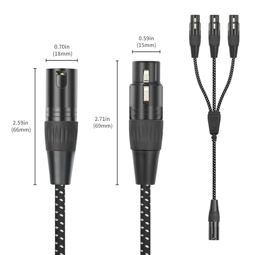 XLR Male to 3 Female Splitter Cable 2FT - Heavy-Duty Metal Braided Y-Spltr, Non-Slip Grip, 3-Way Audio Distribution for Mixers/Mics/PA - color: 1 Male to 3 Female