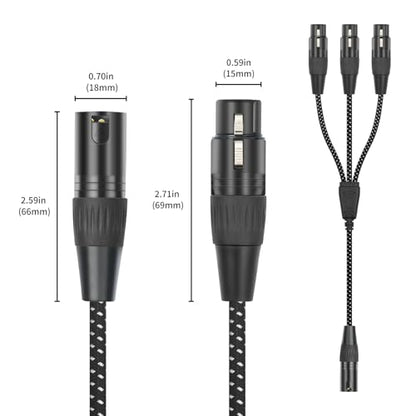 XLR Male to 3 Female Splitter Cable 2FT - Heavy-Duty Metal Braided Y-Spltr, Non-Slip Grip, 3-Way Audio Distribution for Mixers/Mics/PA - color: 1 Male to 3 Female