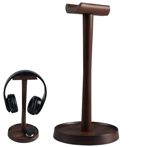 Wood Headphone Stand Headset Stand for Deak Universal Headphone Holder with Storgae Base Handcrafted Desk Organizer for Gaming Headsets(Black Walnut)