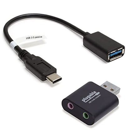 Plugable USB Audio Adapter Bundle with USB C to USB Cable, 3.5mm Speaker-Headphone and Microphone Jack, Add an External Stereo Sound Card to Any PC, Compatible with Windows, Mac, and Linux