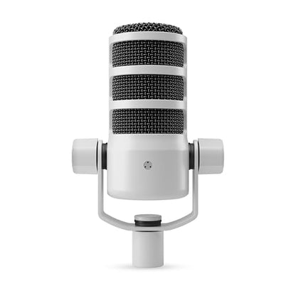 Rode PodMic White (Pair) Cardioid Dynamic Broadcast Microphones with 2X Mini Tripod Desktop Mic Stands and 2X XLR Cables