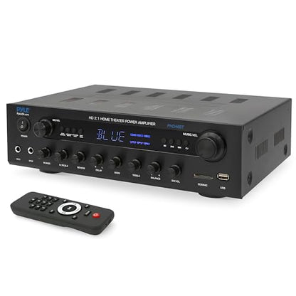 Pyle 400w Home Entertainment Amplifier with Bluetooth - Karaoke Optimized with Dual Mic Inputs with Reverb and Delay, Hi Def in and Out for Home Theater, USB-A Input, SD Card, FM Radio - PHDA6BT