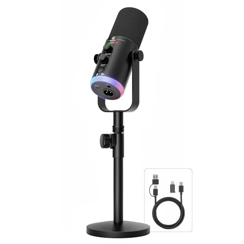 Podcast Microphone,USB/XLR Dynamic Mic,RGB Light,Mute‑Button,Stand,TX2