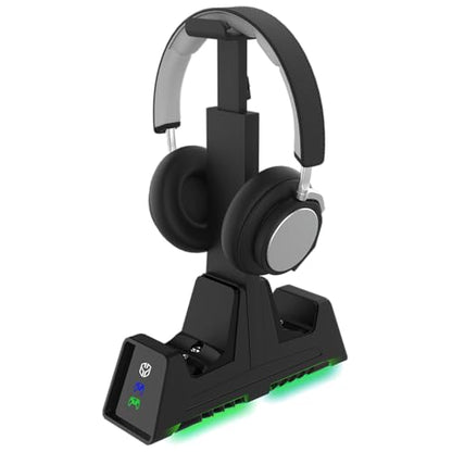 Charging Station for Xbox Series X, S, Xbox Elite, Xbox One, PS5, PS4 Controllers Dual Charger with Headphone Stand (Black with Green LED Glow) Includes Rechargeable Battery Pack