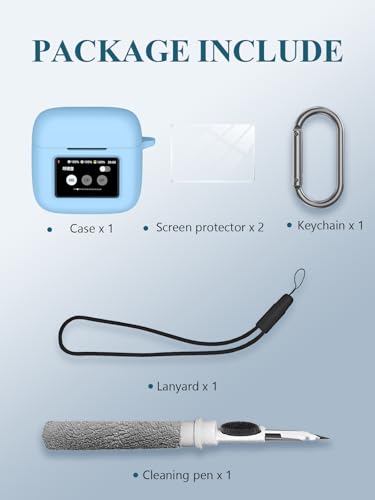 Case for JBL Tour Pro 3 True Wireless Noise Cancelling Earbuds, WUNIAK Soft Silicone Protective Portable Scratch Shock Resistant with 2pack Screen Protector &Cleaner Kit & Carabiner & Lanyard,SkyBlue - color: SKY BLUE