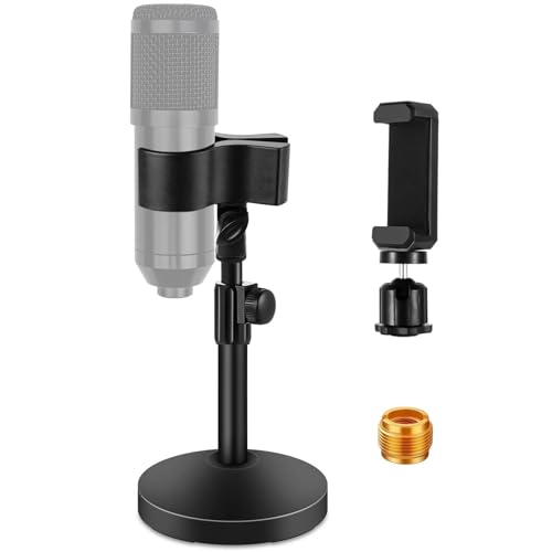 Versatile Desktop Microphone Stand, Adjustable Table Mic Stand with Large Microphone Clip, Cell Phone Clip, 5/8" Male to 3/8" Female Metal Adapter