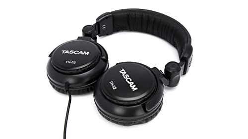 TASCAM TH-02 Professional Studio Monitor Headphones, Wired, Over Ear — for Recording, Podcast, DJ, Music and Guitar, with 1/4 Inch Jack Adapter