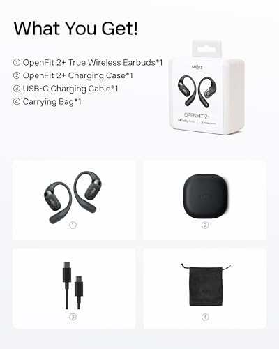 SHOKZ OpenFit 2+ Open-Ear Earbuds, Black, Dolby Audio,Wireless Charging | Soft Ear Hooks； IP55 Water-Resistant; USB-C Fast Charging；48H Playtime; Gym/outdoor/home use - color: Black, style: Dolby Audio / USB-C&Wireless