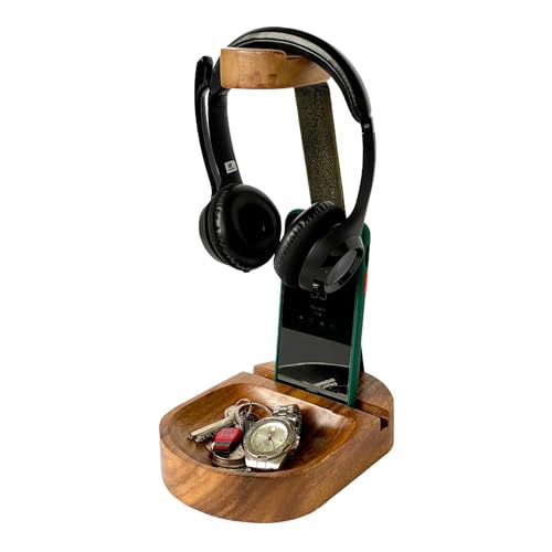Headphone & Phone Stand, Dual Acacia Wood Holder with Tray, Desk Organizer | Solid wood headset & phone stand with tray for gaming & home office desks, universal fit for most headphones & cell phones - style: Wooden Headset Cell Phone Holder