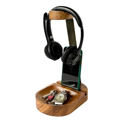 Headphone & Phone Stand, Dual Acacia Wood Holder with Tray, Desk Organizer | Solid wood headset & phone stand with tray for gaming & home office desks, universal fit for most headphones & cell phones - style: Wooden Headset Cell Phone Holder