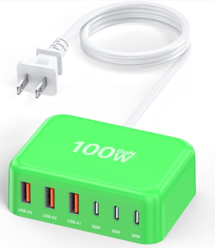 100W 6 in 1 USB Charger, 50% Smaller Charging Station for Multiple Devices | Fast Charging Blocks with Type C Port, USB Charging Hub Organizer Multiport Power Strip for iPhone,Samsung,Ipad,Kindle,Travel - color: D-Green