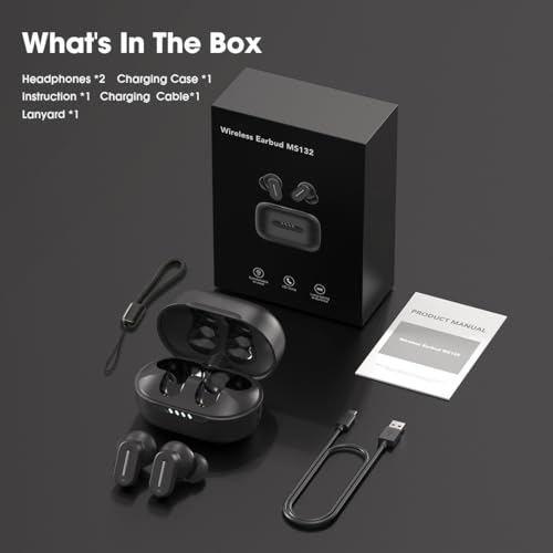 Earbuds Wireless Bluetooth 6.0 Headphones, IPX5 Waterproof | 24H Playback, Small Noise Cancelling Earbuds with Lanyard for Sports, Workout, Smartphone Call (Black) - color: Black
