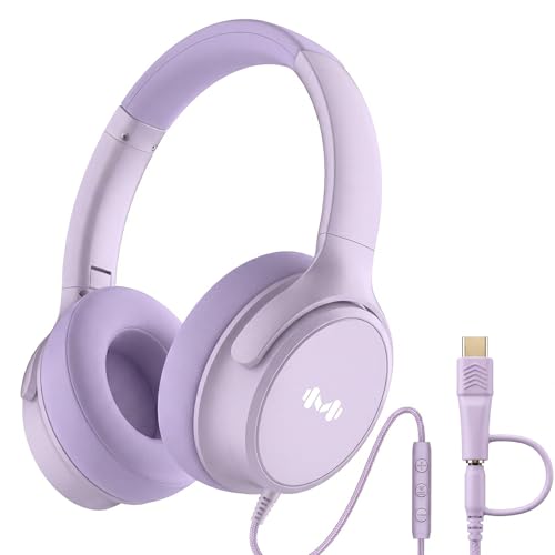 Wired Over-Ear Headphones, Mic, 3.5mm Plug, USB-C Adapter, Purple - color: Purple