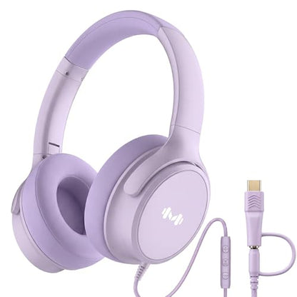 Wired Over-Ear Headphones, Mic, 3.5mm Plug, USB-C Adapter, Purple - color: Purple