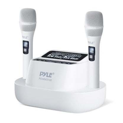 Pyle UHF Wireless Microphone System with Dual Handheld Mics, USB Rechargeable, Bluetooth Fixed Frequency Receiver, Low Noise DSP Audio, Plug & Play for Karaoke, Stage, Classroom, Office & DJ Use