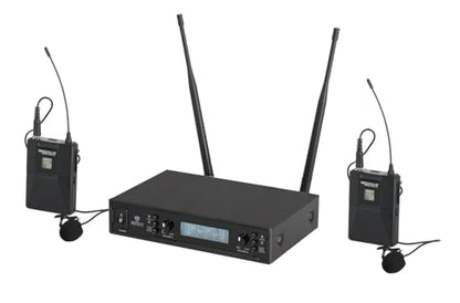 Rockville RWM-200 L2 Dual UHF Beltpack Wireless Microphone System, Lavalier & Headset Mics, 200 Channels, 3 Band EQ, Echo | 200 Channels, XLR/1/4" Outputs, 500' Range, Metal Receiver, Belt Pack EQ, One-Key Pairing, FCC Compliant - style: Lavalier