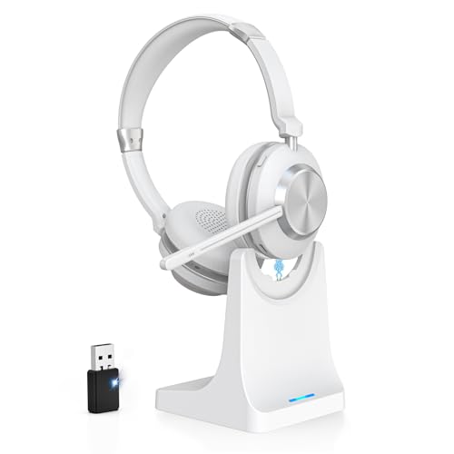 Wireless Headset with Mic for Work, Bluetooth Headset with Microphone, AI Noise Canceling Mic & Mute, Wireless Headphones with USB Dongle & Charging Dock for PC/Cell Phones/Call Center/Teams
