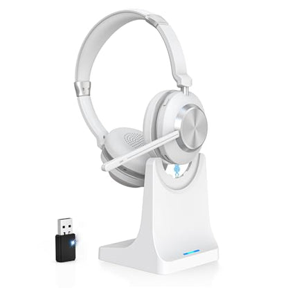 Wireless Headset with Mic for Work, Bluetooth Headset with Microphone, AI Noise Canceling Mic & Mute, Wireless Headphones with USB Dongle & Charging Dock for PC/Cell Phones/Call Center/Teams