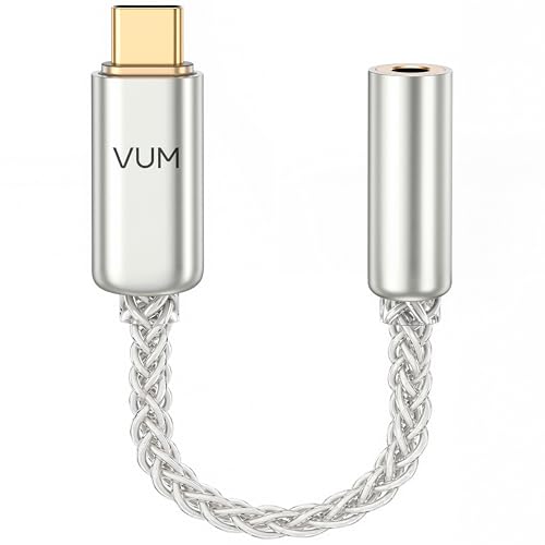 VUM USB-C to 3.5mm Headphone Jack Hi-Res DAC & AMP Dual Chip Audio Adapter | 32-bit/384kHz DAC,5N OCC Silver Plated Cable,24K Gold-Plated Connector,CX31993 & MAX97220 Chipset,TRRS HD Mic Input Supported