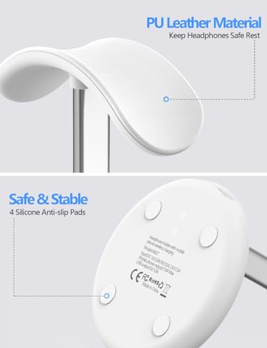 Miroddi Headphone Stand with Wireless Charger, Independent USB Charging Port, 5 in 1 Charging Station Headset Holder Rack for AirPods Max/Pro/4/3/2, iWatch, iPhone, Samsung and Desk Headphones, White - color: White