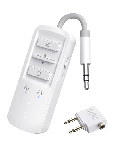 Airplane Bluetooth Transmitter Receiver for 2 Headphones, White | Wireless Audio Adapter for Plane, TV, Gym, Travel, Compatible with 3.5mm Aux Jack on Car and Home Stereo - color: White