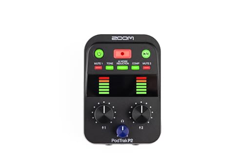 Zoom PodTrak P2 Podcast Recorder with 2 USB Mic Inputs & AI Noise Reduction | 2 USB Mic Inputs, 2 Headphone Outputs, Tone and Comp Effects, SD Card, Battery Powered