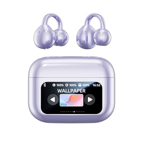Piluyaa Clip-on Earbuds, Open Ear Earbuds with LCD Touchscreen Wireless Bluetooth 5.4, Lightweight M100 Open Ear Headphones with C-Shaped Bridge, Slim Hook,48H Battery, for Sports, Fitness (Purple) - color: Purple