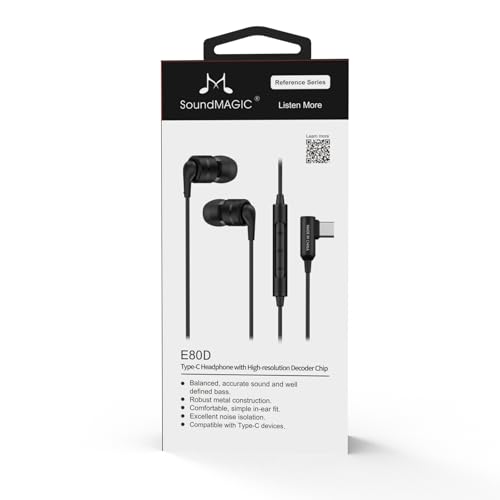 SoundMAGIC E80D Type-C Wired Earbuds, Mic, High-Res DAC, HiFi Stereo, Black | Crystal call clarity, High-res decoder chip, Deep bass, Effective noise isolation, ergonomic fit, Type-C for Android devices