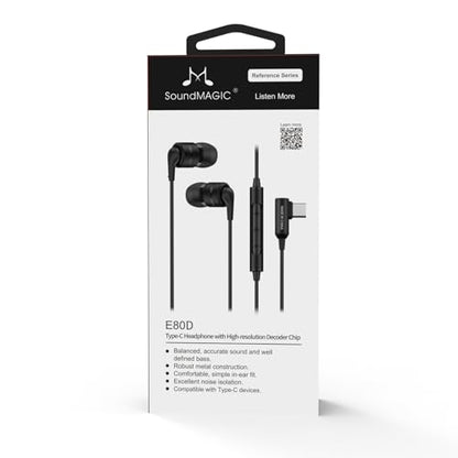 SoundMAGIC E80D Type-C Wired Earbuds, Mic, High-Res DAC, HiFi Stereo, Black | Crystal call clarity, High-res decoder chip, Deep bass, Effective noise isolation, ergonomic fit, Type-C for Android devices