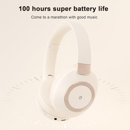 Active Noise Cancelling Headphones, 100H Playtime Headphones Wireless Bluetooth, Bluetooth Headphone with Microphone, Over- Ear Wireless Headphone with Deep Bass for Travel - color: Beige