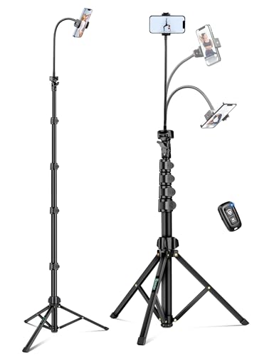 Phone Tripod, 85" Tripod for Cell Phone iPhone with Gooseneck | Aluminum Tripod Stand for Video Recording Photo Vlog, Travel Cellphone Tripod with Remote Compatible with iPhone Android - size: 85 Inch