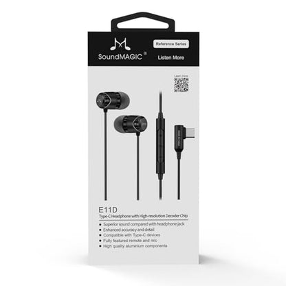 SoundMAGIC E11D USB-C in-Ear Stereo Headphones with 10mm Drivers, Metal Housing, L-Shaped Plug, in-Line Controller, HiFi Sound,Black