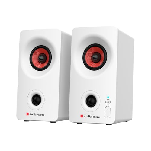 Audiosource Desktop PC Speakers with Bluetooth 5.3, USB-C Plug & Play, 2.0 Stereo Computer Speakers with Dual 2" Drivers, Compact Design, AUX Input, LED Indicator (White) - color: White