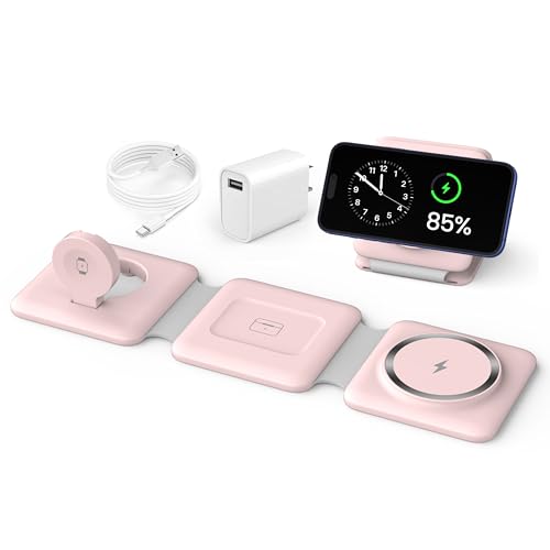 Charging Station for Apple Multiple Devices: 3 in 1 Foldable Magnetic Wireless Charger Stand - Travel Charging Dock Compatible with iPhone 17 16 15 14 13 12 Pro Max Plus Apple Watch AirPods - color: Pale-pink